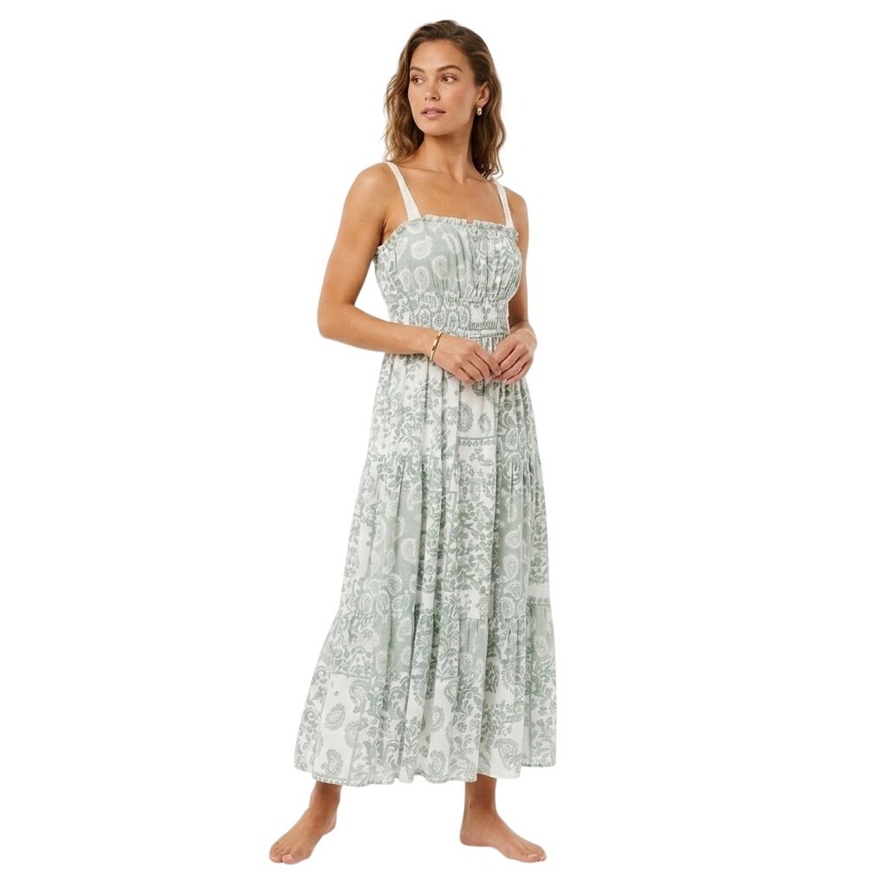 Altar'd State Maxi Dress Womens M Sage Green Paisley Boho Smocked 26ET79YZSI Tie